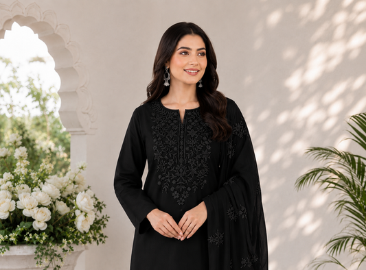Black 3MM Sitara Thick Thread Embroidery Lawn Cotton with Chiffon Dupatta - 3PC Unstitch Dress – Elegant Party Wear