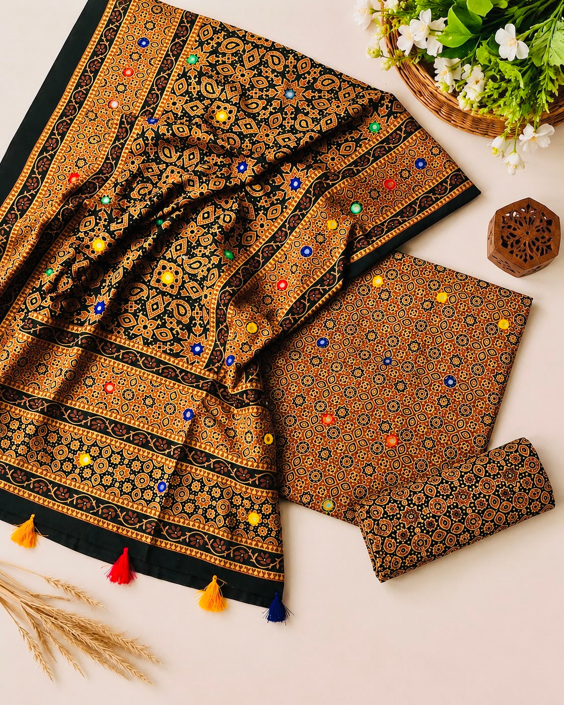 Ajrak Block Print Cotton 3-Piece Suit with Multi Sitara Foil Work – Hand-Dyed Traditional Elegance