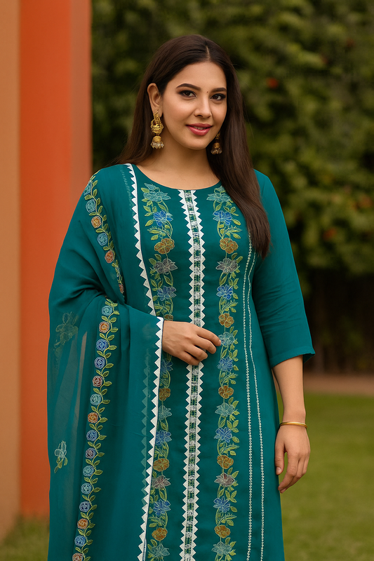 Kacha Tanka Flower Machine Embroidered With Applic Handwork 3pc Dress 👗