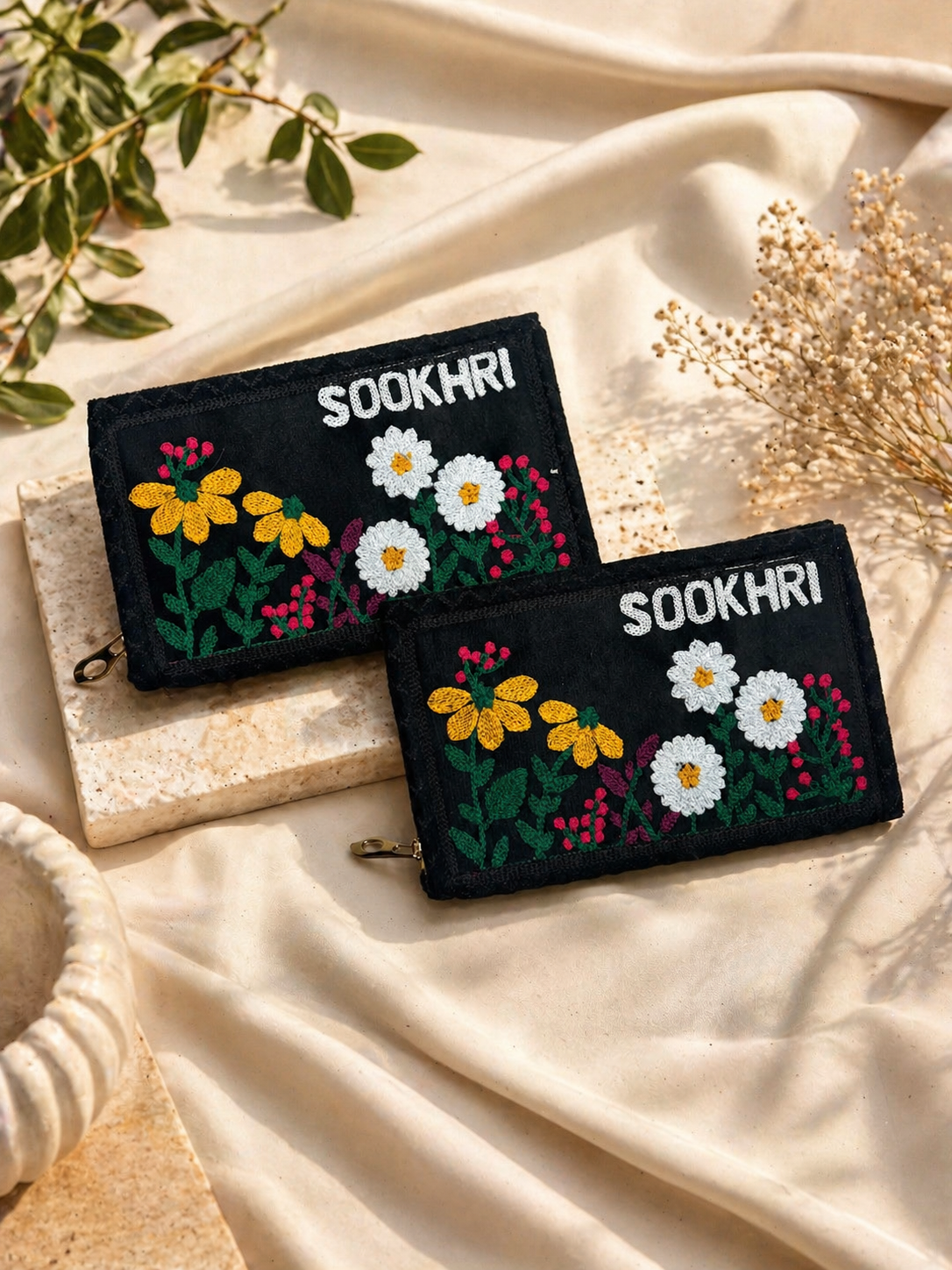 SOOKHRI Embroidered Velvet Clutch – Floral Zipper Wallet (Pair of 2)