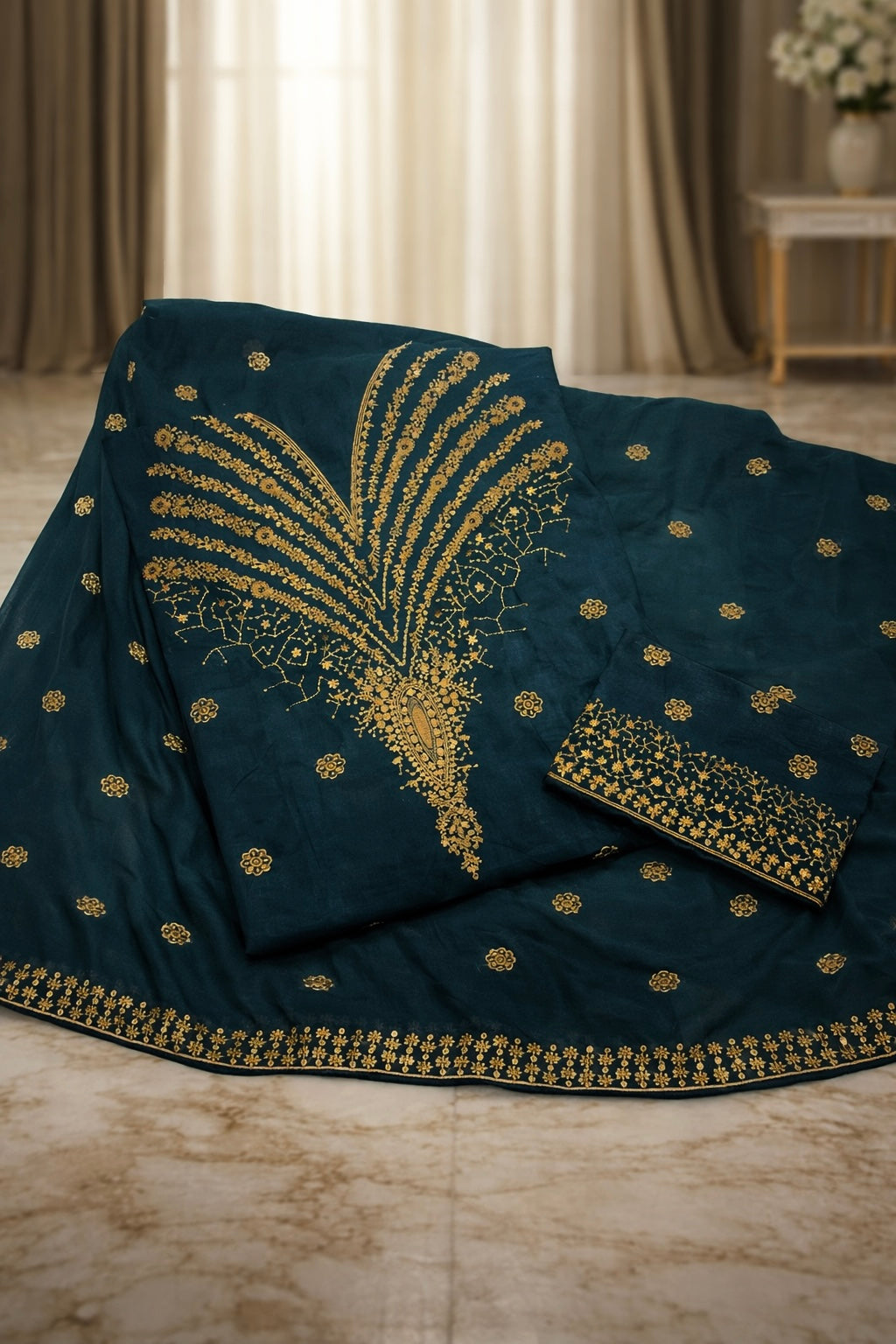 Fancy 3MM Zarri Sitara Work Soft Cotton Fabric with Chiffon Dupatta – 3PC Unstitch Dress 👗