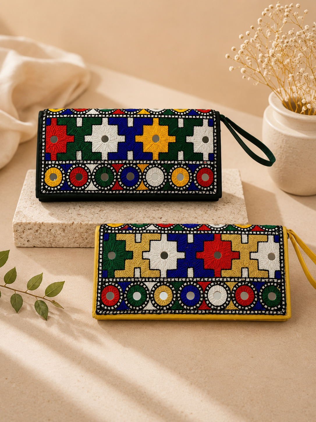 Traditional Multi-Aari Sitara Embroidered Mobile & Cash Clutches for Women (Pack of 2)