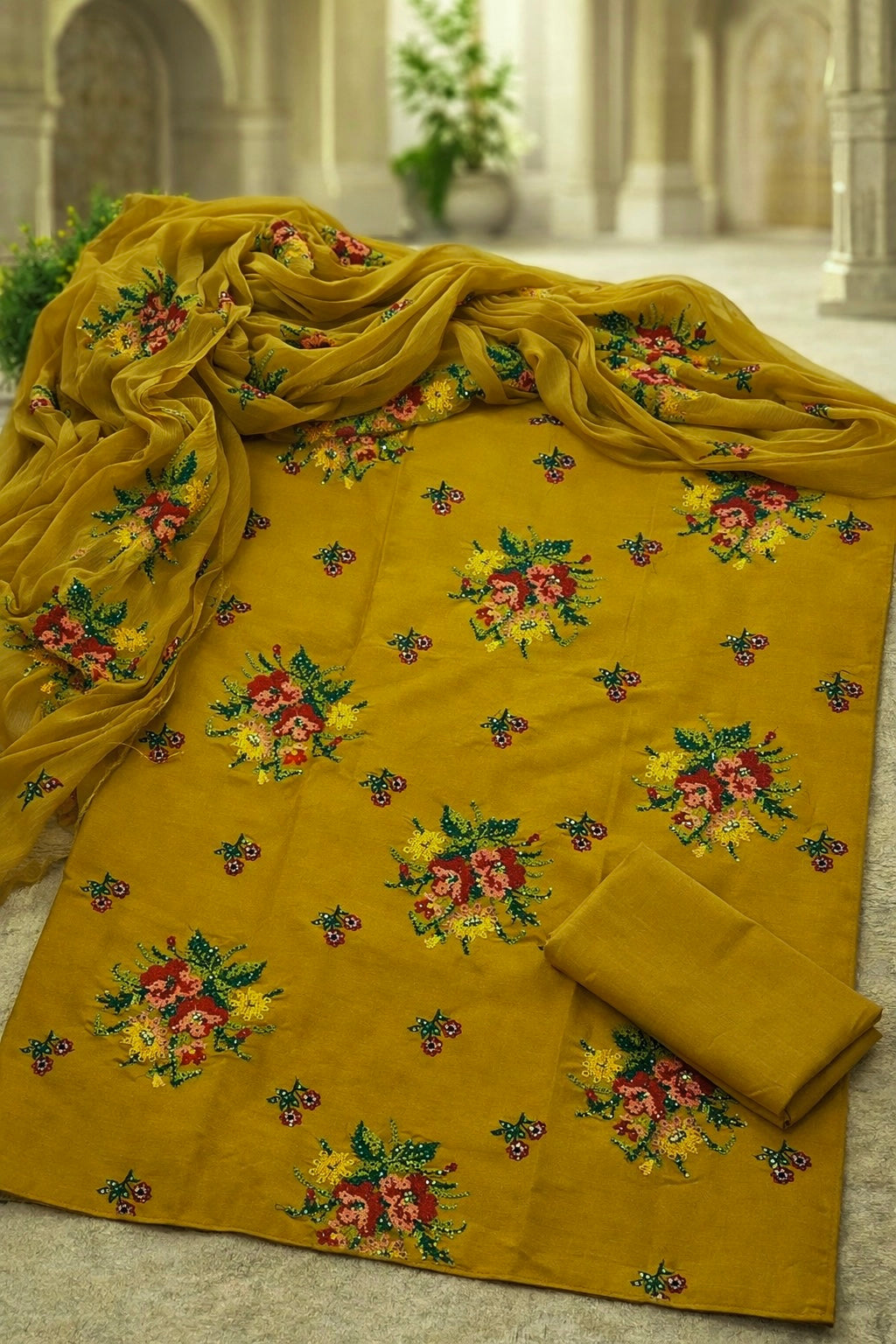 Cross Stitch Floral with Sequence Sitara Embroidery Lawn Cotton with Chiffon Dupatta - 3PC Unstitch Dress 👗