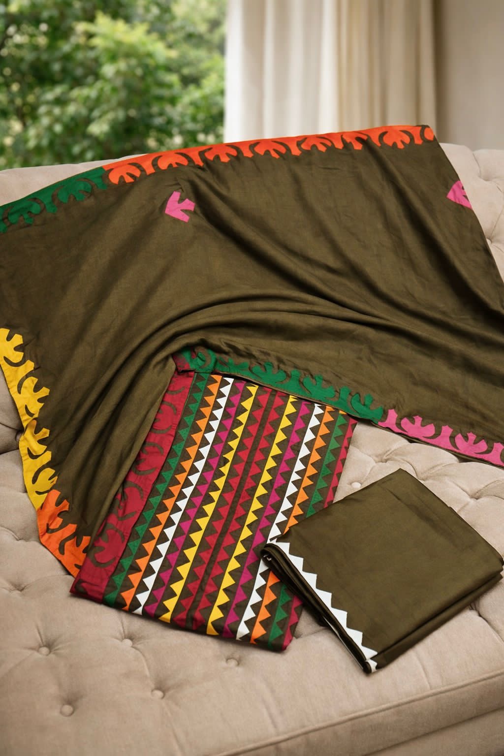 Multicolor Applique 3-Piece Dress – Soft Cotton with Chiffon Dupatta