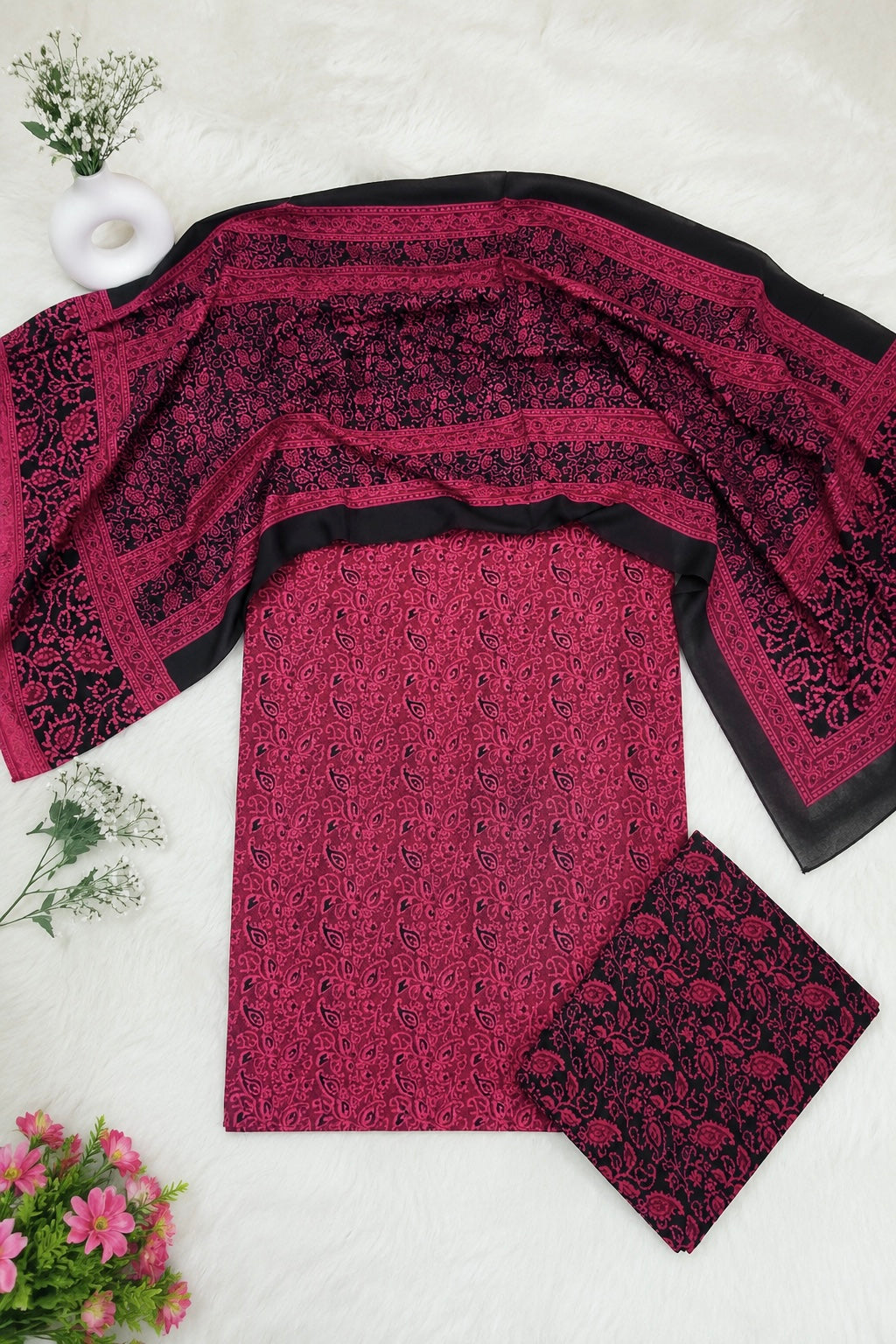 Malir Ajrak Block Print Cotton Fabric - Unstitched 3PC Dress