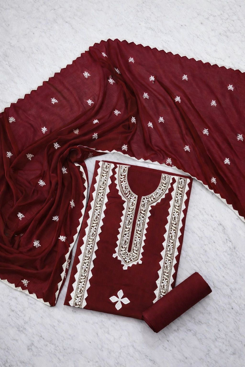 Handmade Applique & Machine Embroidered Lawn Suit with Chiffon Dupatta – 3 Piece Unstitched