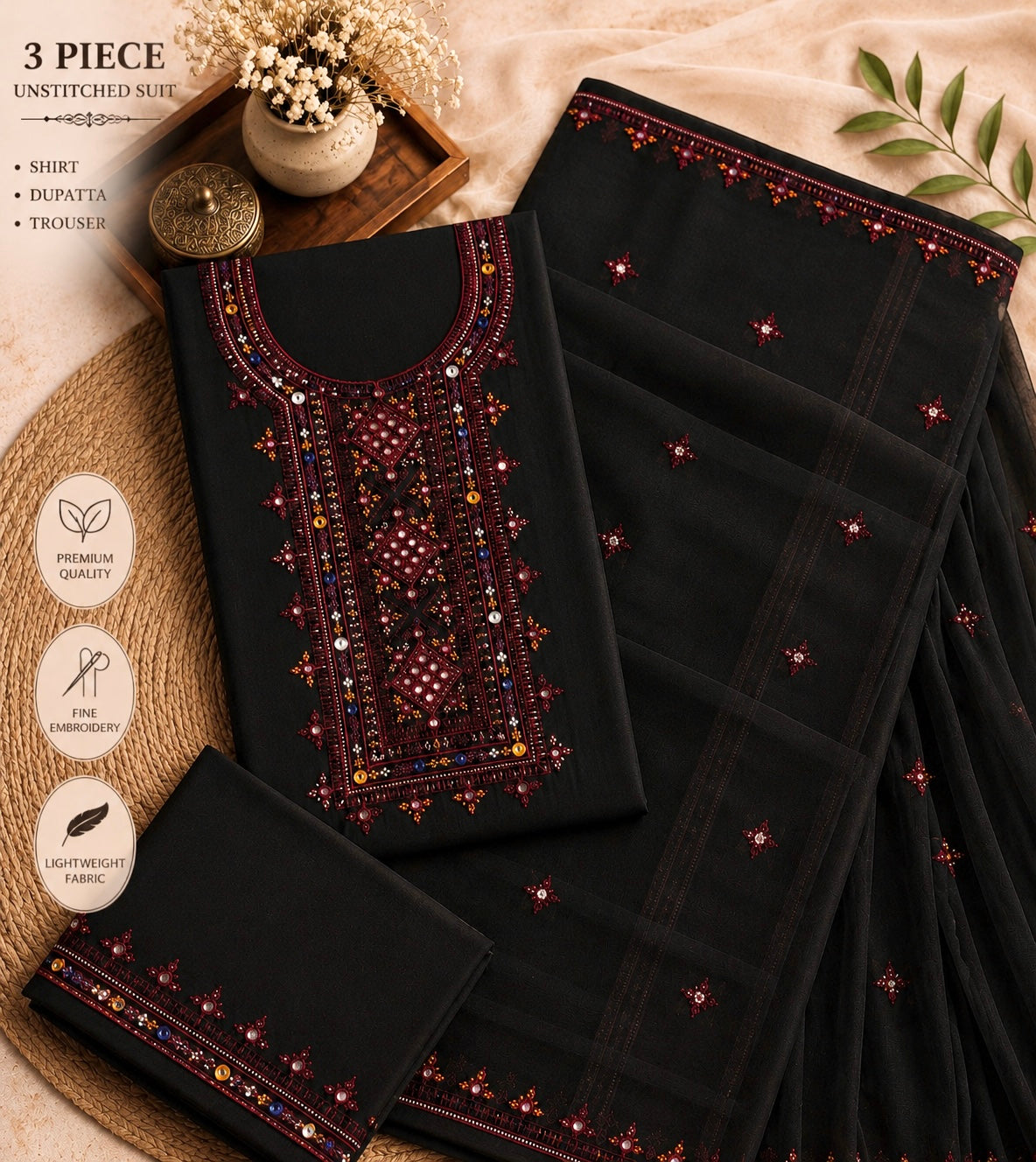 Balochi Thick Thread 9MM Sitara Embroidered Lawn Cotton with Chiffon Dupatta -3PC Unstitch Dress 👗