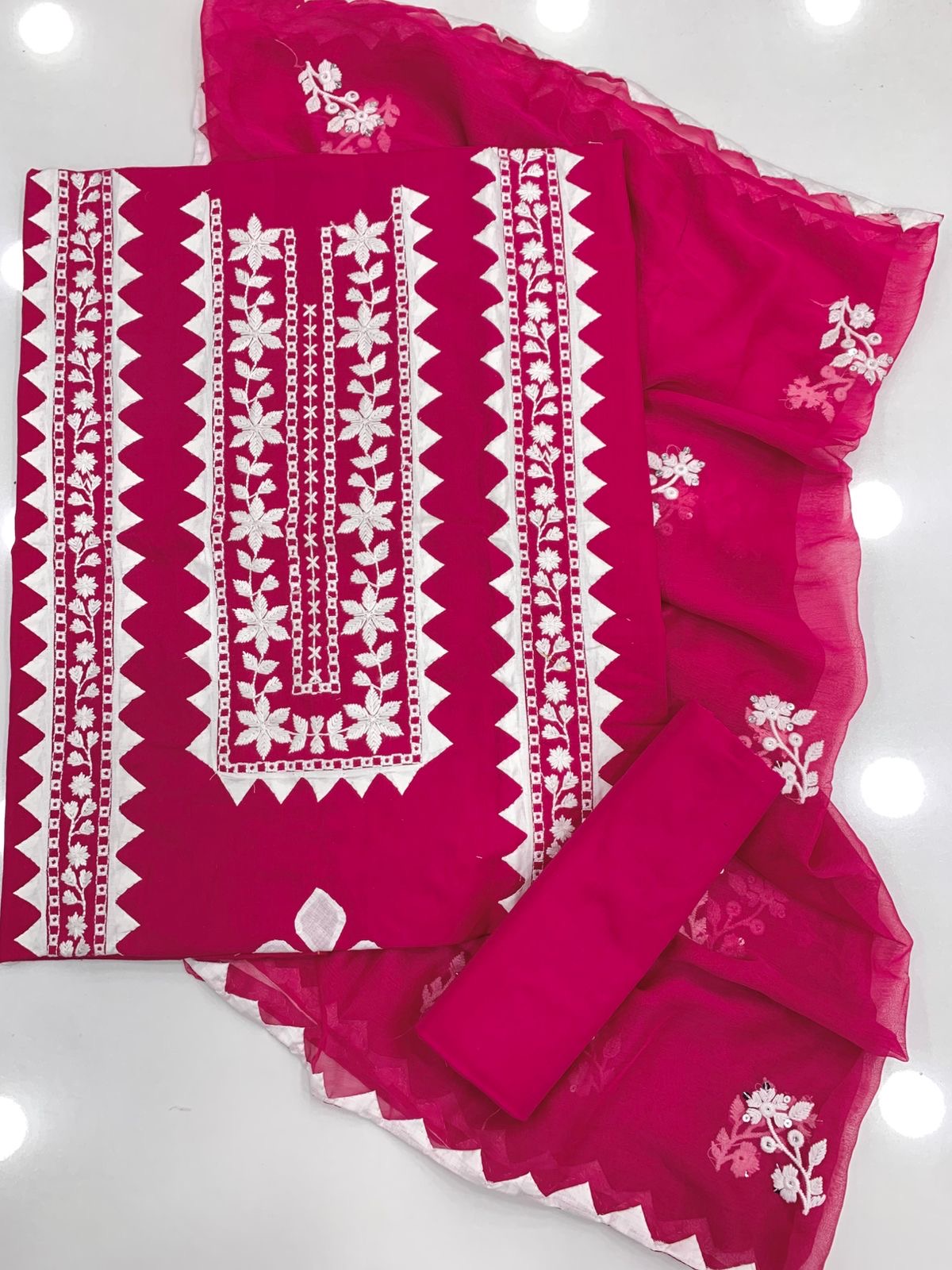 Elegant Applic+Thick Thread Work 3-Piece Cotton Suit