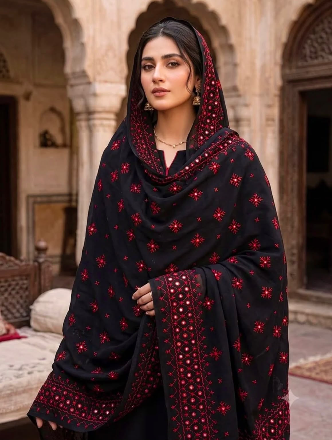 Swiss Lawn Fabric Handmade Original Mirror Work Full Jaal 4 Side Border Shawl for Women