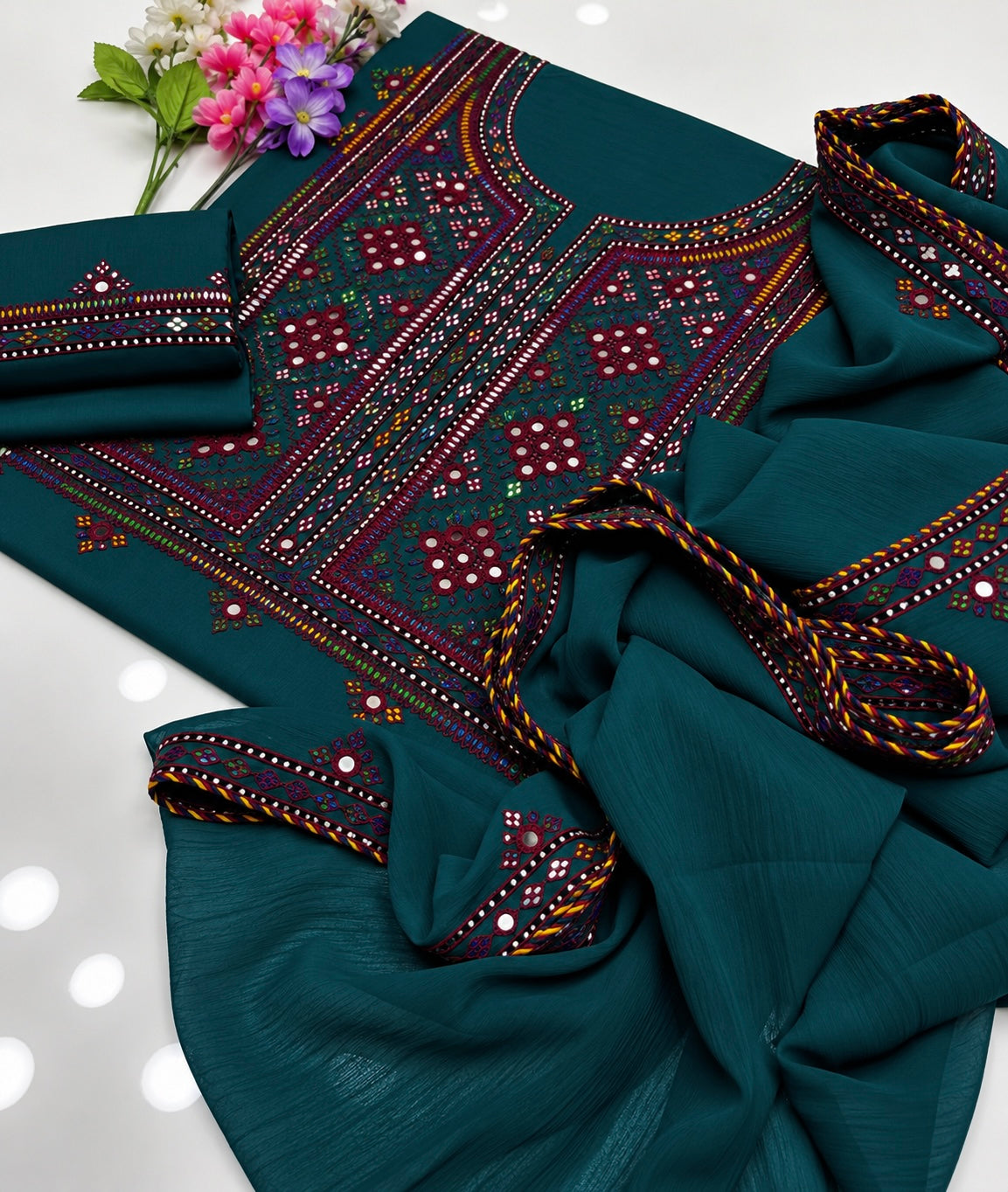 Balochi Handmade Mirror Work Soft Cotton Fabric Shirt & Trouser with Chiffon Dupatta | 3PC Unstitch Dress 👗