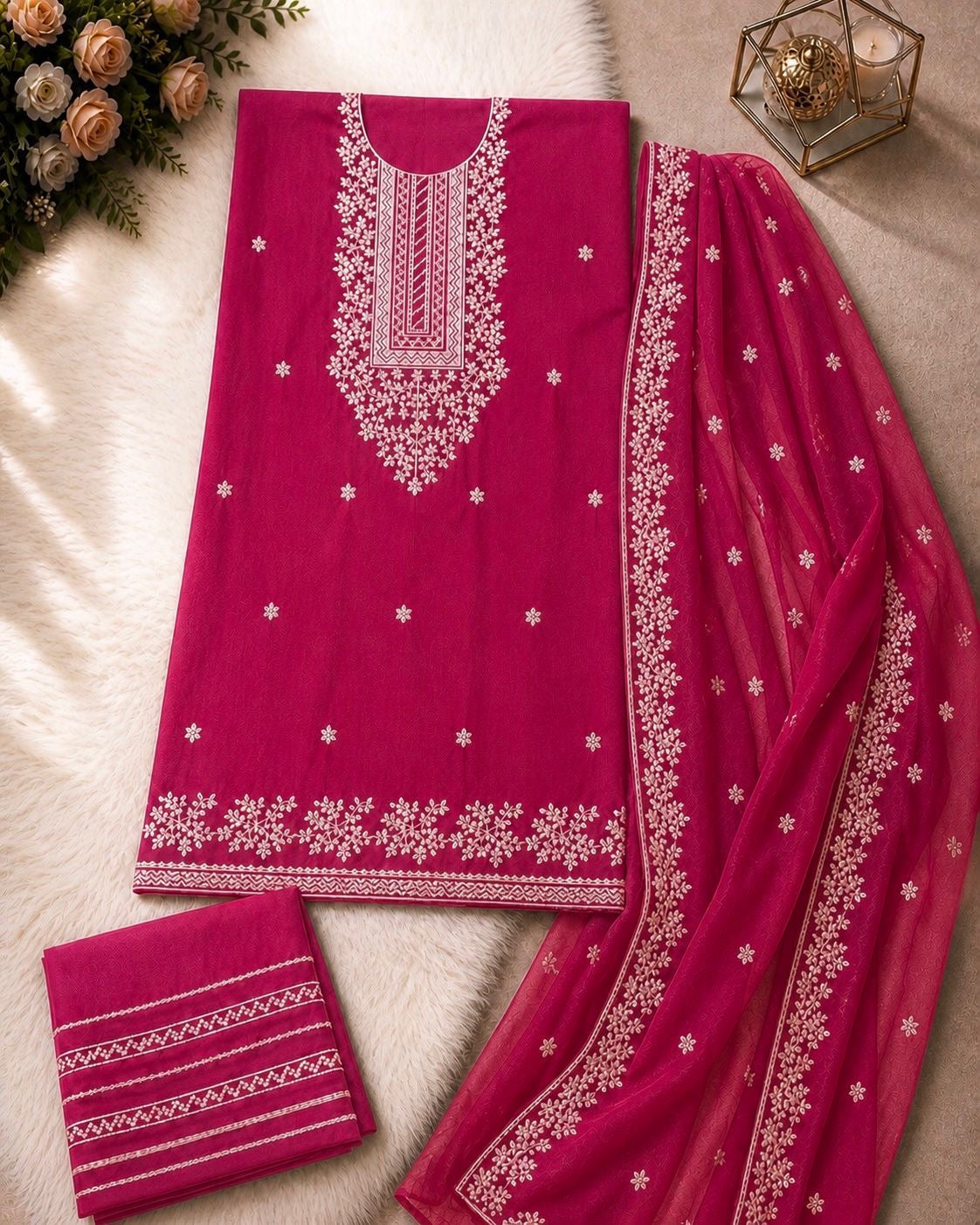 Applic Patti Zari Embroidered Lawn Cotton with Chiffon Dupatta - 3PC Unstitch Dress 👗
