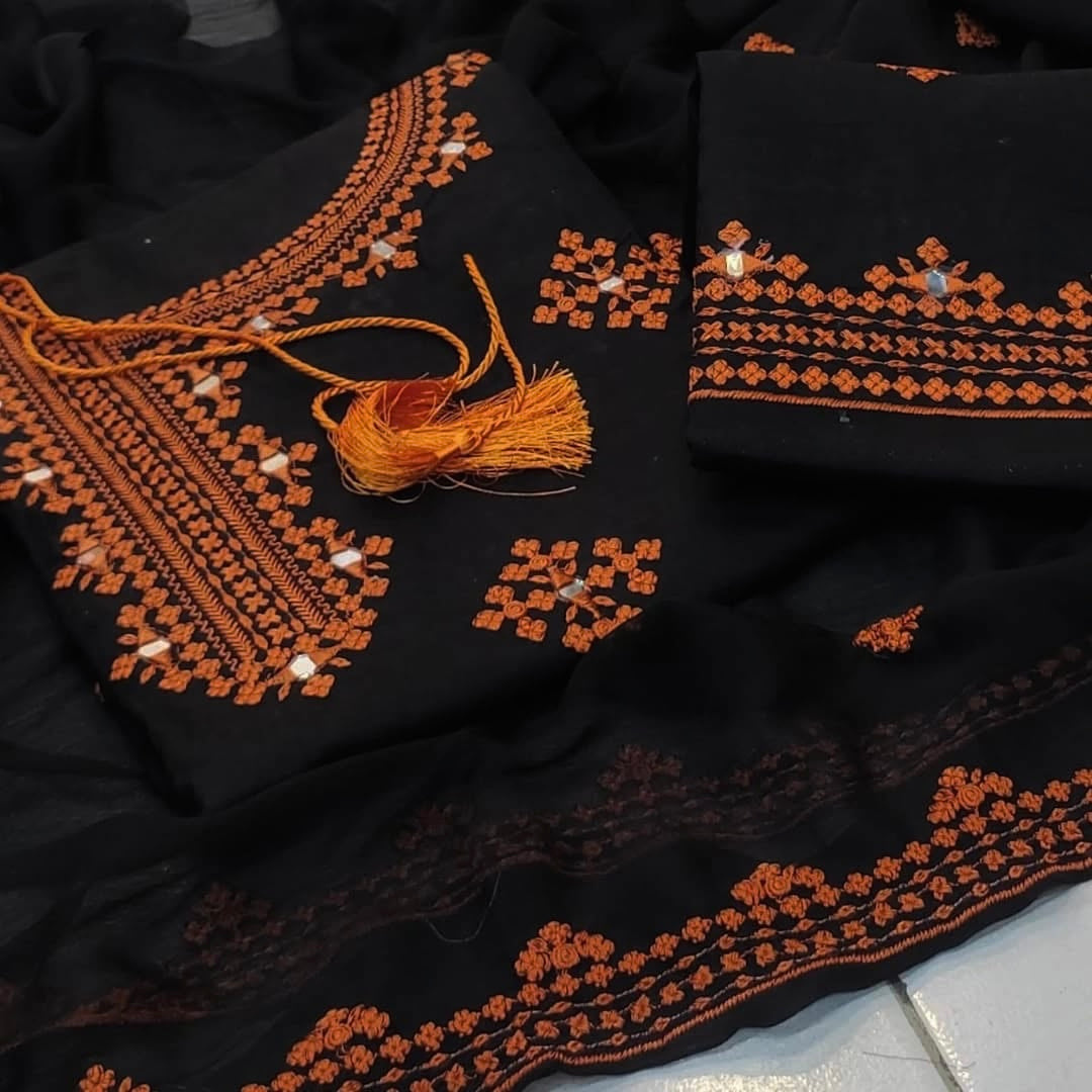 Angrakha Style Black & Orange Machine Embroidered Soft Cotton 3-Piece Suit with Mirror Work & Chiffon Dupatta
