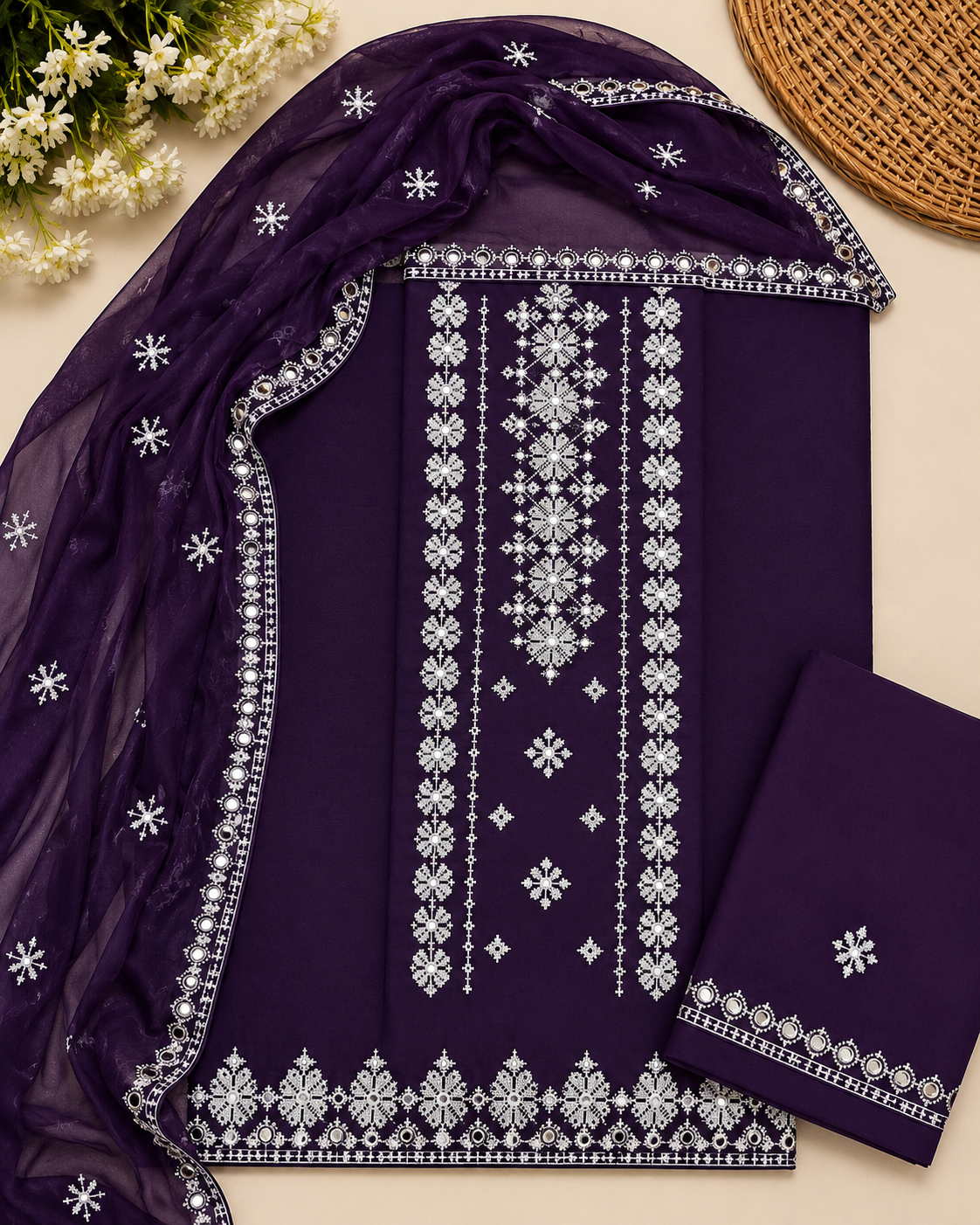 Cross Stitch Flower Embroidered   Lawn Cotton Fabric Shirt &Trouser with Chiffon Embroidered Dupatta – 3 Piece Unstitched Dress 👗