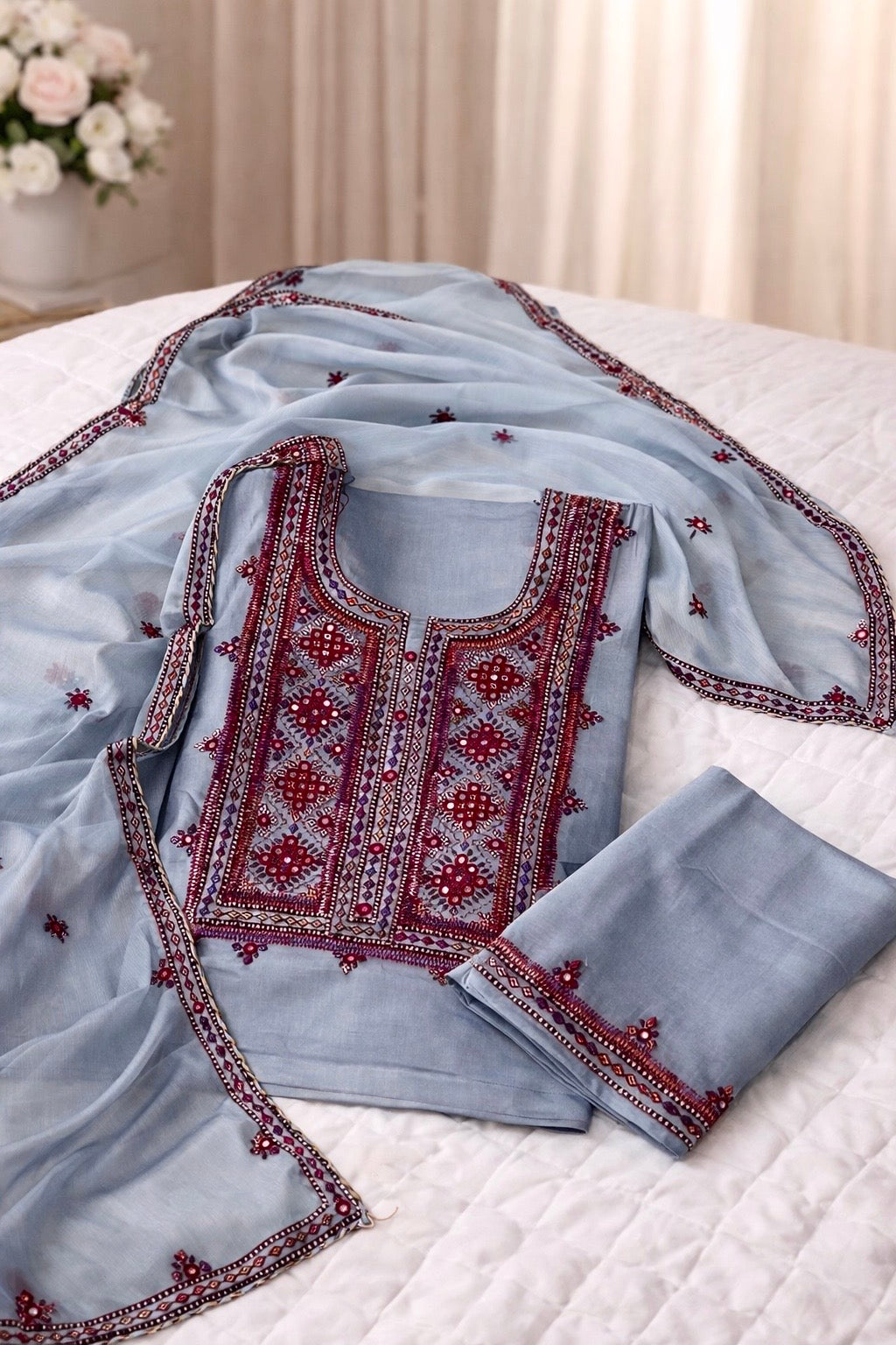 Balochi Handcrafted 3-Piece Suit with Original Mirror Work – Soft Cotton & Chiffon Dupatta