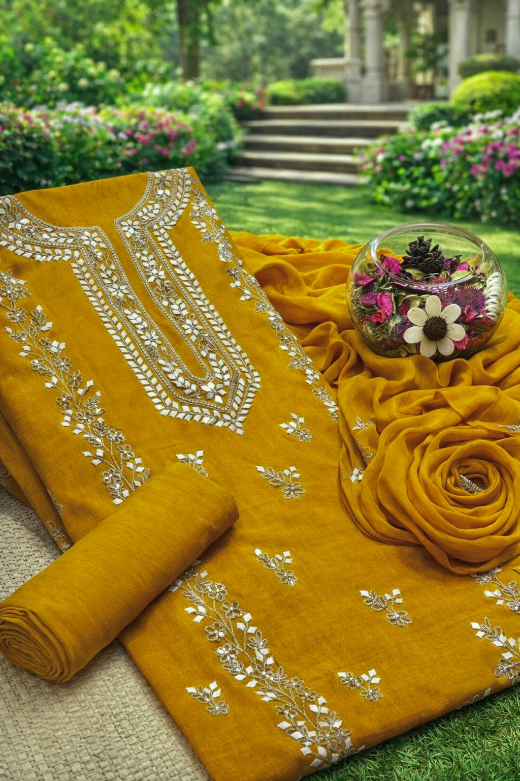 Handmade Applique Leaf, Zari & Pearl Work Lawn Fabric With Chiffon Dupatta 3PC Dress