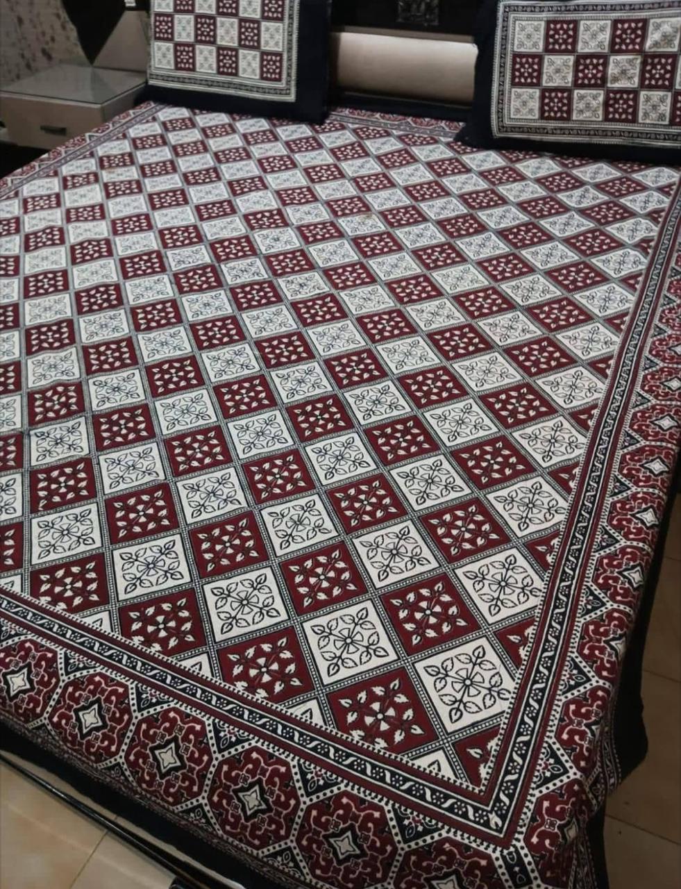 King Size Ajrak Block Hand Print Cotton Stuff Bedsheet Set with 2 Unstitched Pillow Covers