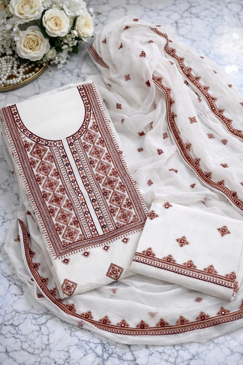 Soft Cotton 3-Piece Balochi Dress | Machine Embroidered Thick Thread & 9MM Sitara Work | Soft Chiffon Dupatta