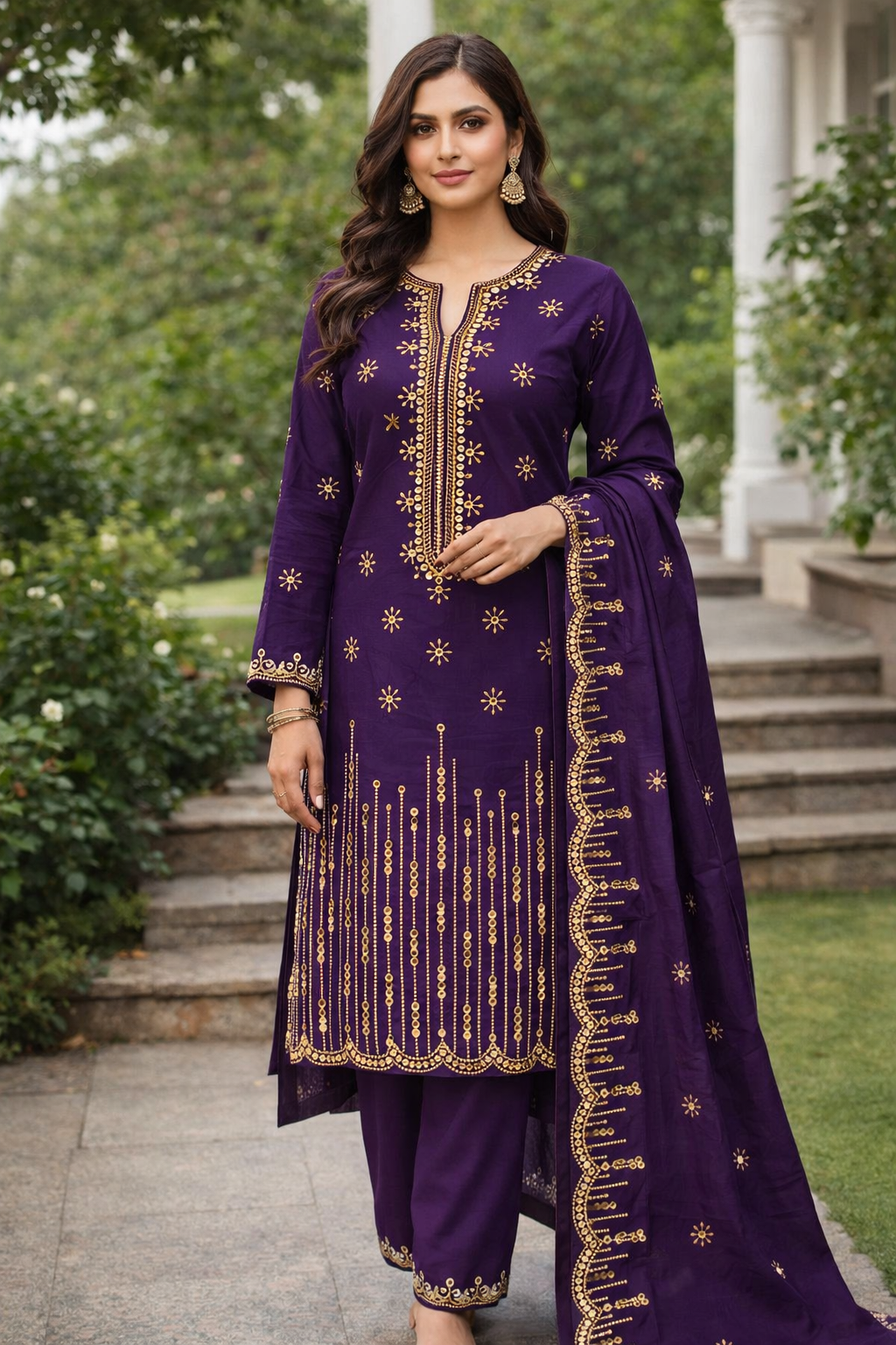 Purple Soft Cotton Embroidered 3-Piece Suit with Cutwork Dupatta