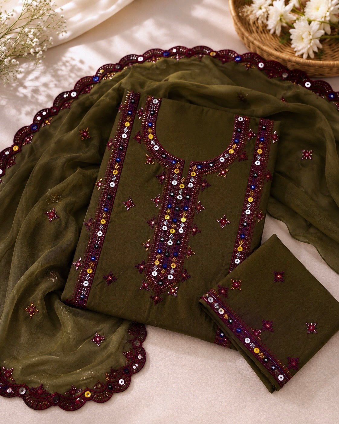 Balochi Thick Thread Embroidered Lawn Cotton with Two Side Cutwork Border Embroidered Dupatta - 3PC Unstitch Dress 👗