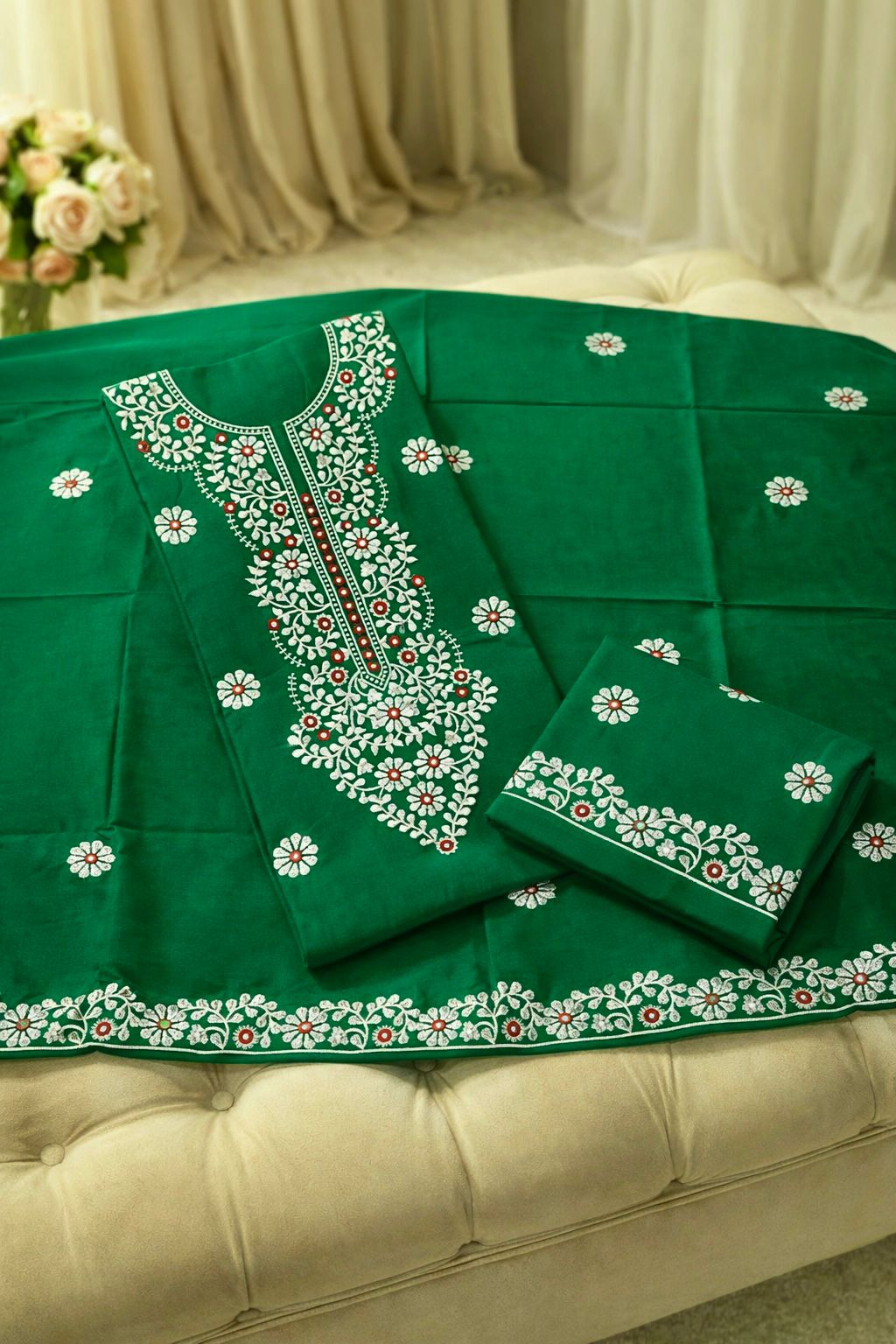 9MM Sitara Pakka Thread Work Embroidery Lawn Cotton Fabric - 3PC Unstitch Dress 👗