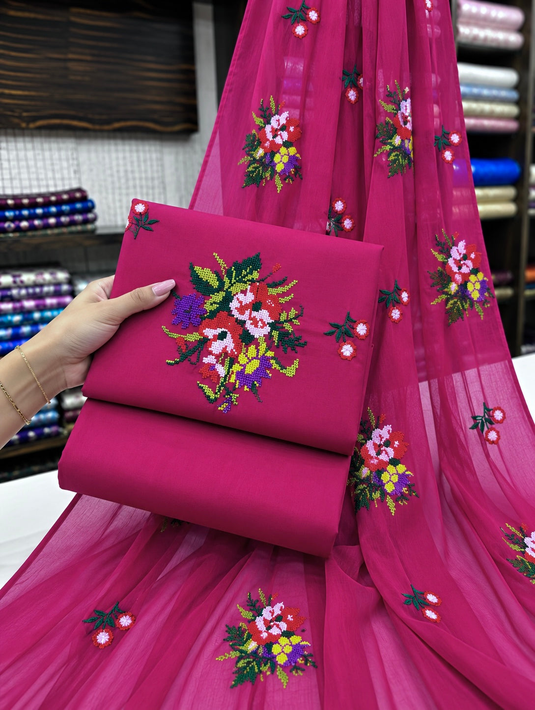 Cross Stitch Multi-Flower Embroidered Soft Cotton with Chiffon Dupatta - 3PC Unstitched Dress 👗