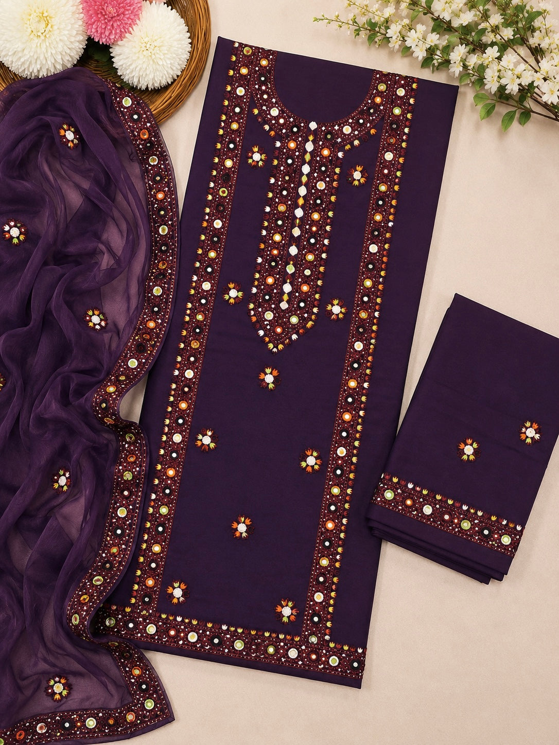 Balochi Multi Thick Thread & 9MM Sitara Heavy Embroidered Lawn Cotton Shirt & Trouser with Chiffon Dupatta | 3 Piece Unstitched Dress