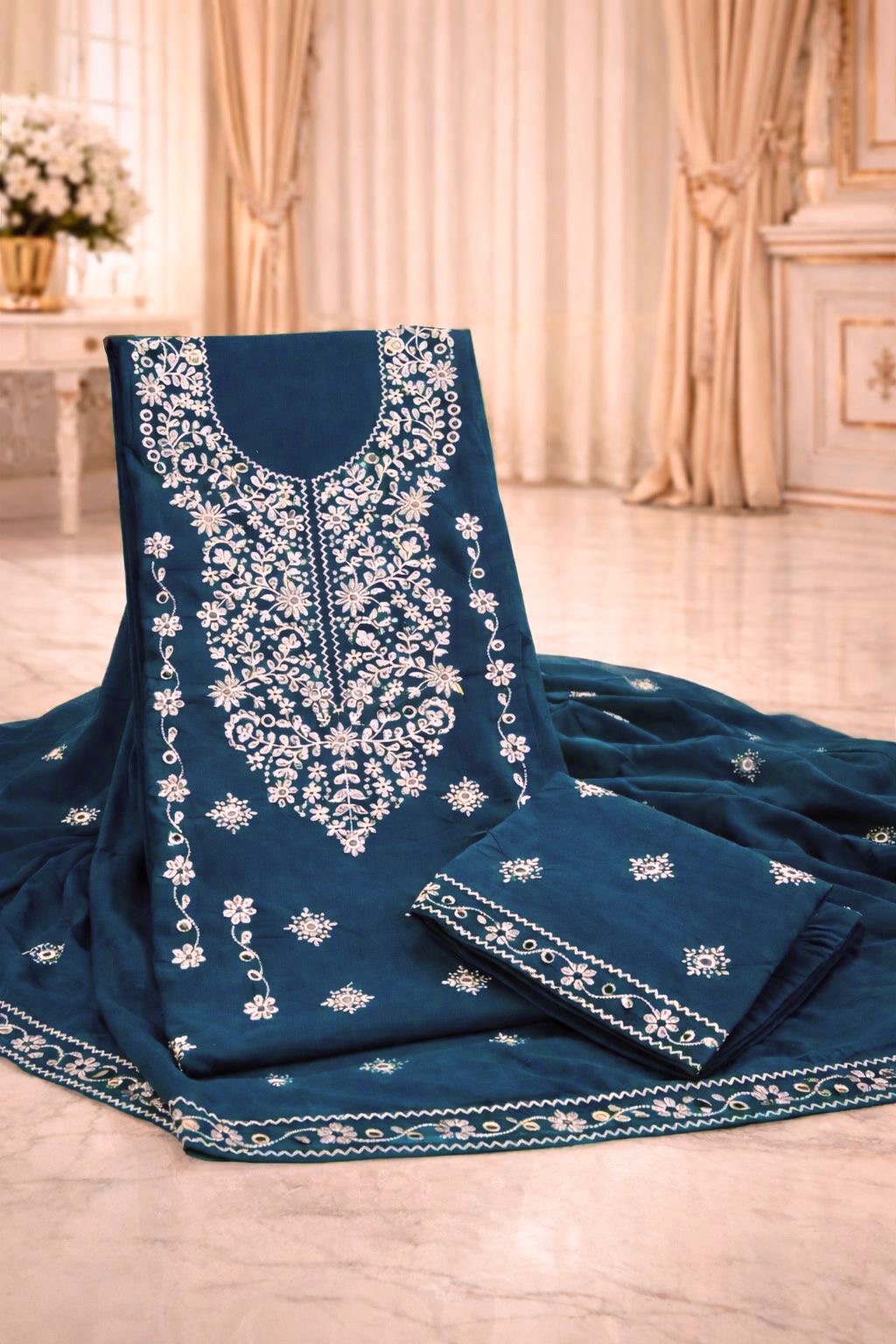 Elegant 3-Piece Pakka Thread 9MM Sitara White Embroidered 3PC Suit – | Lawn Cotton | Chiffon Dupatta