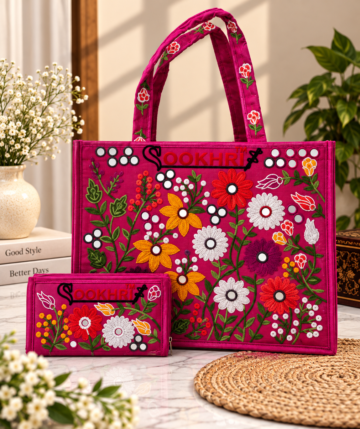 Traditional Multi-Pattern Antique Embroidered Handbag with Matching Clutch