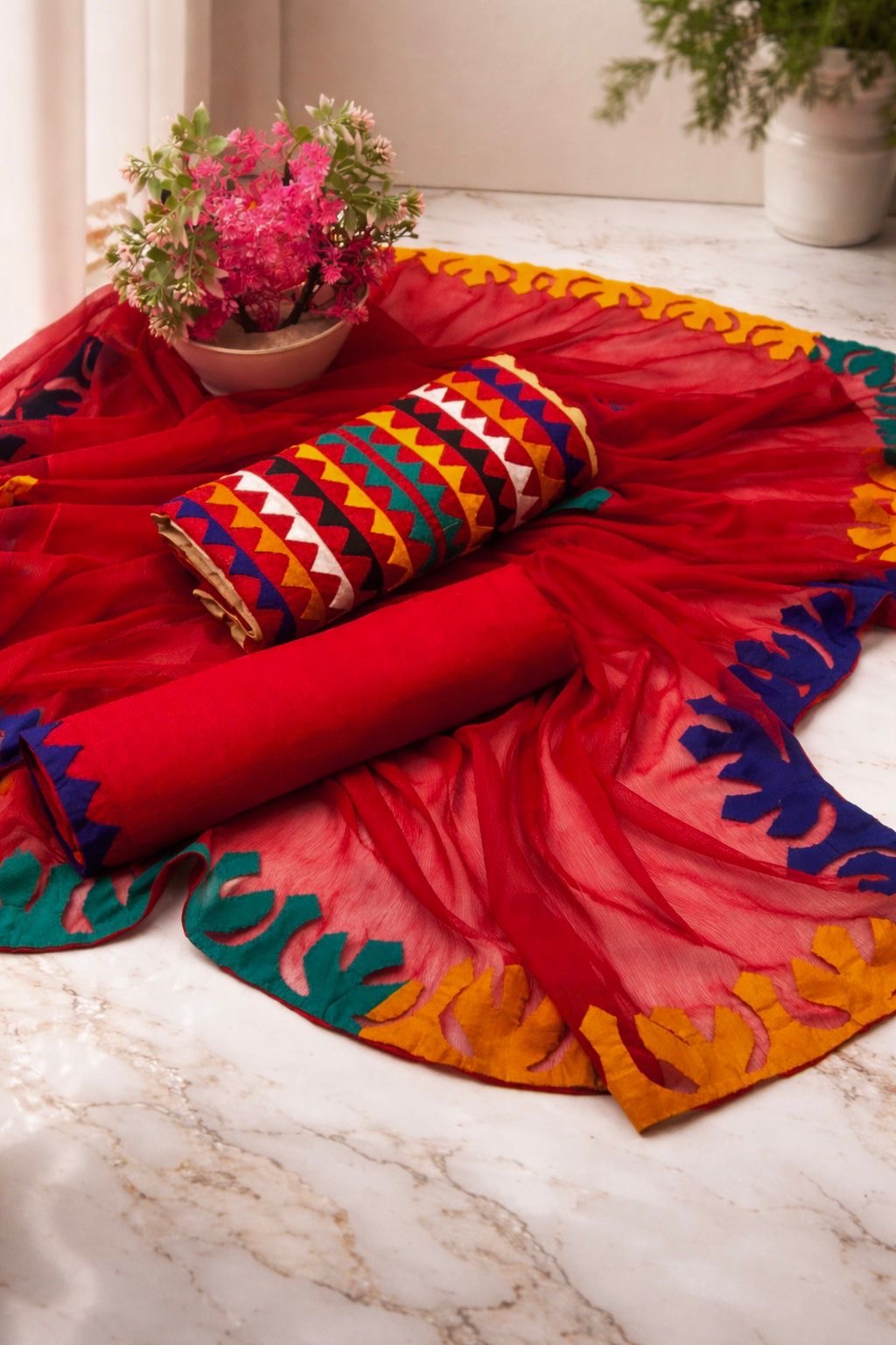 Multicolor Applique 3-Piece Dress – Soft Cotton with Chiffon Dupatta