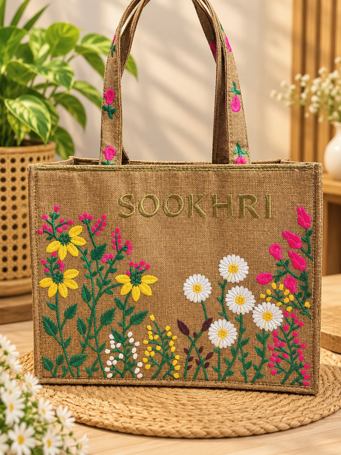Jute Fabric Computer Flower Embroiderd Tote Bag – (14 Inches Length | 11 inches Width)