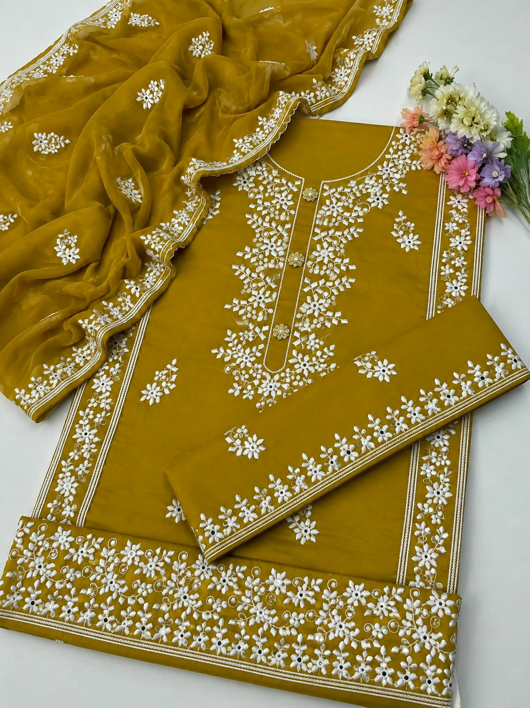 Applic Patti Style Sitara Embroidered Lawn Cotton Shirt & Trouser with Chiffon Embroidered Dupatta - 3PC Unstitch Dress 👗