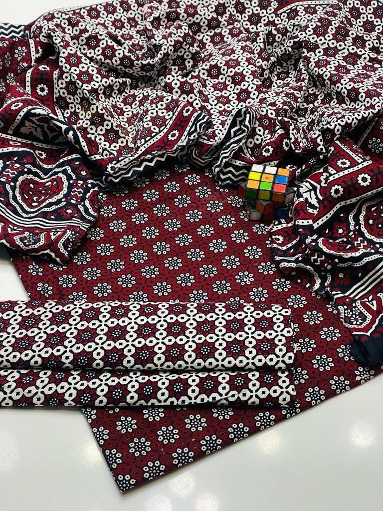 Ajrak Block Print 3 Piece Dress – Soft Winter Cotton Fabric