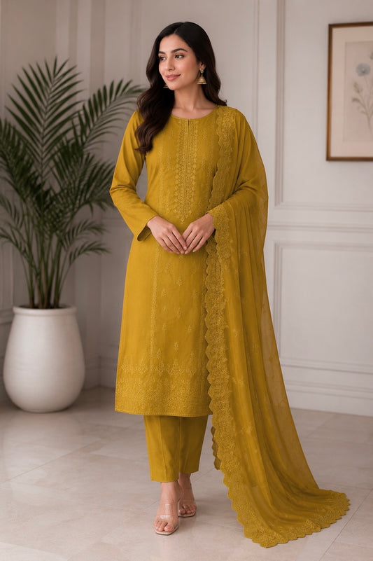Shiffile Bouring Chikankari Embroidered Lawn Cotton with Chiffon Cutwork Border Dupatta - 3PC Unstitch Dress 👗