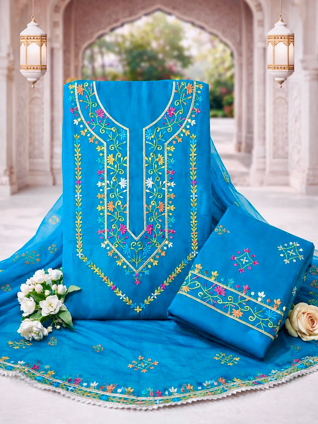 Elegant Multicolor Embroidered Lawn Cotton with Chiffon Dupatta Traditional Design - Unstitch 3PC Dress 👗