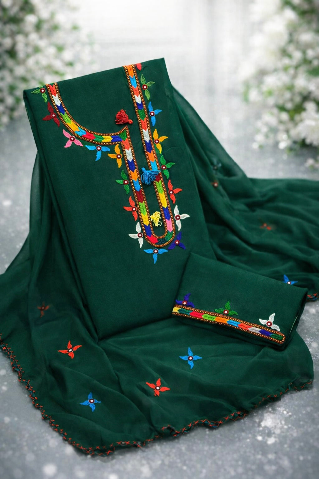 Village Work Handmade Soft Cotton With Chiffon Dupatta - 3PC Unstitch Dress 👗
