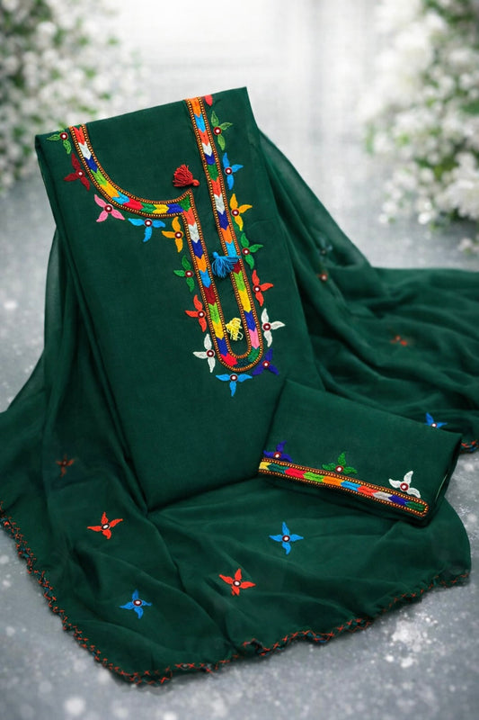 Village Work Handmade Soft Cotton With Chiffon Dupatta - 3PC Unstitch Dress 👗