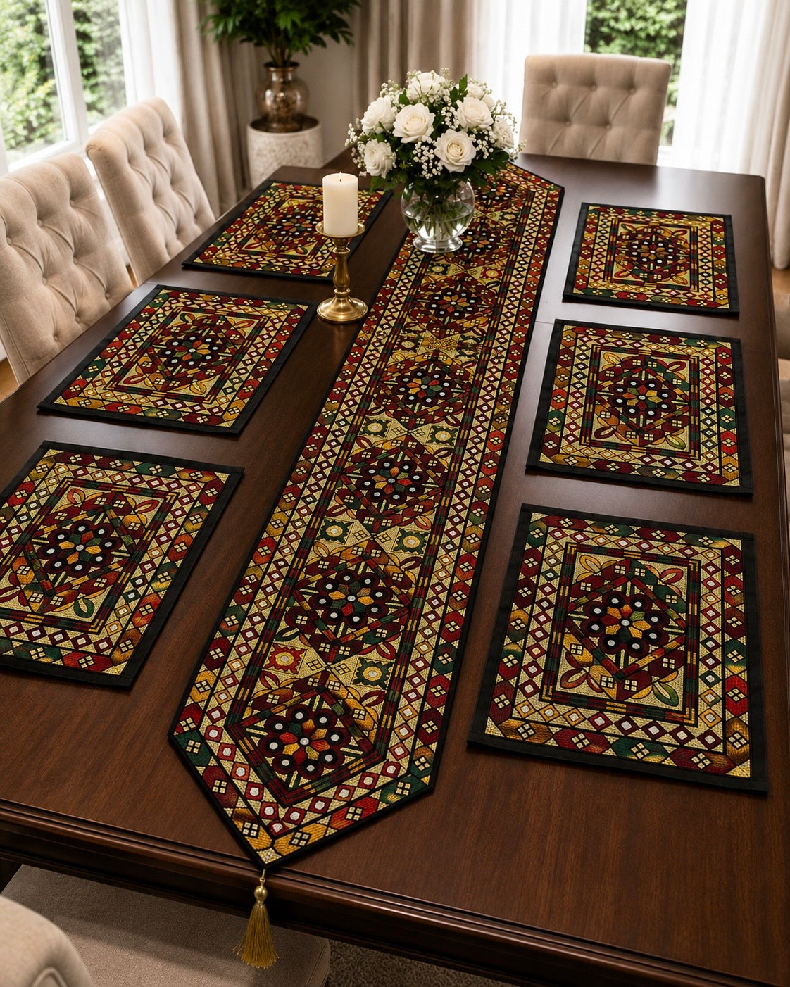 Dinning Table Embroidered Mats With Long Runner 7pc Set