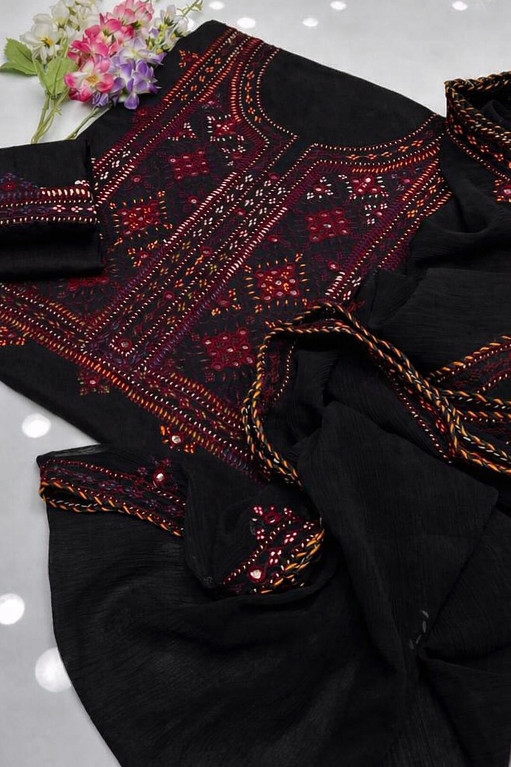 Black Balochi Handmade Mirror Work Lawn Cotton Shirt & Trouser with Chiffon Dupatta - 3PC Unstitch Dress 🖤
