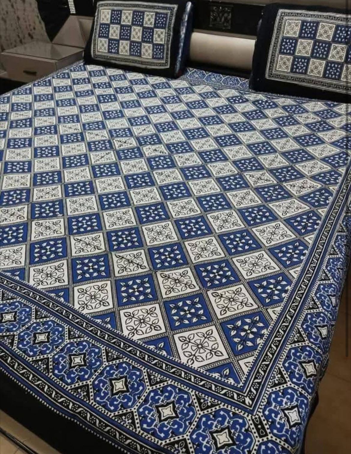 King Size Ajrak Block Hand Print Cotton Stuff Bedsheet Set with 2 Unstitched Pillow Covers