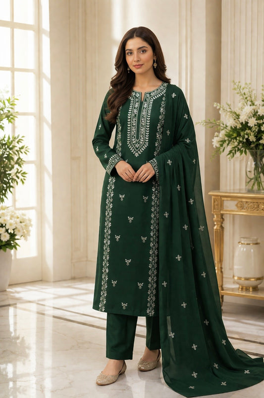 Handmade Applique Leaf, Zari & Pearl Work Lawn Fabric With Chiffon Dupatta 3PC Dress