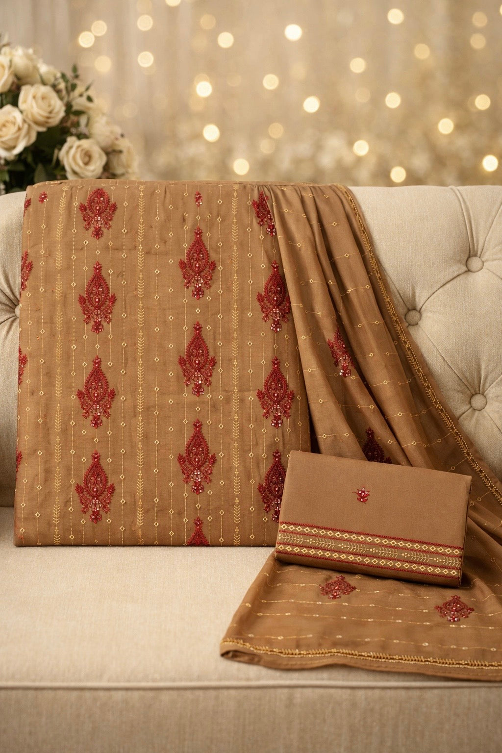 Boring 3MM Sitara Sequence Work Embroidery Soft Cotton with Chiffon Dupatta - 3PC Unstitch Dress 👗