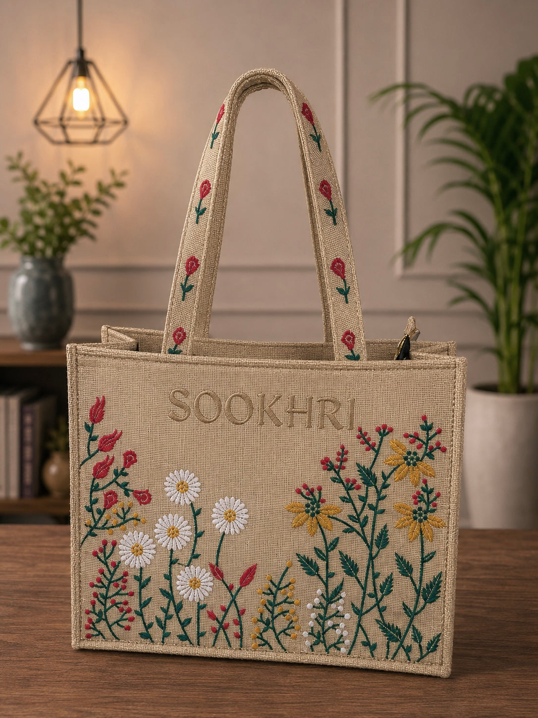 Floral Embroidered Jute Fabric Tote Bag – (14 Inches Length | 11 inches Width)