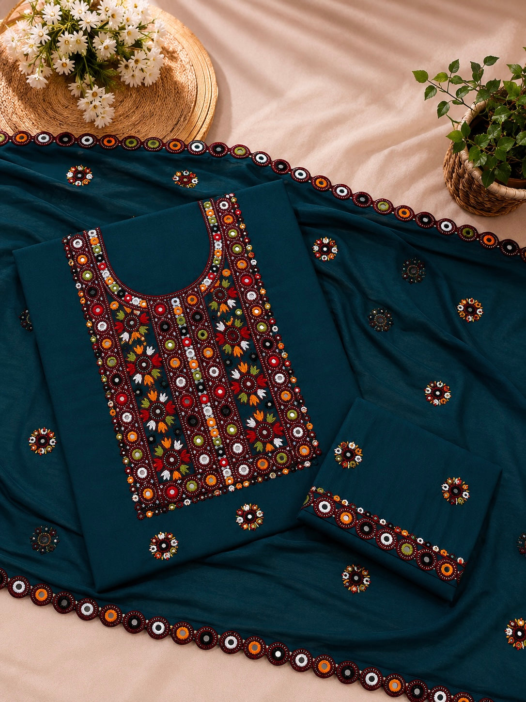 Multi Balochi Thick Thread Sitara Embroidered Soft Cotton with Cutwork Border Chiffon Dupatta - 3PC Unstitched Dress 👗
