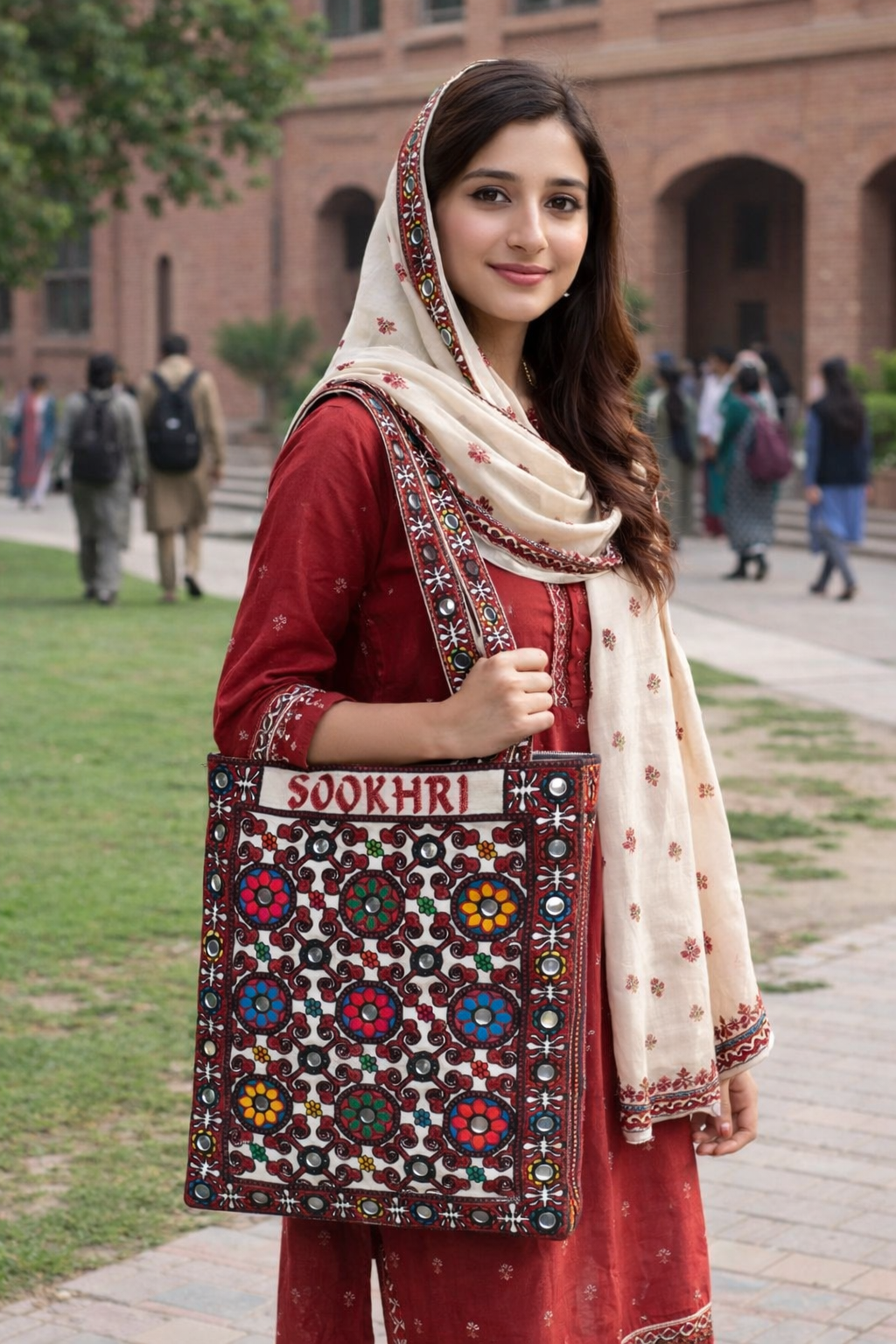 Traditional Embroidered Bag – Multicolor Sitara Work | Perfect for Laptop, Files & College Use