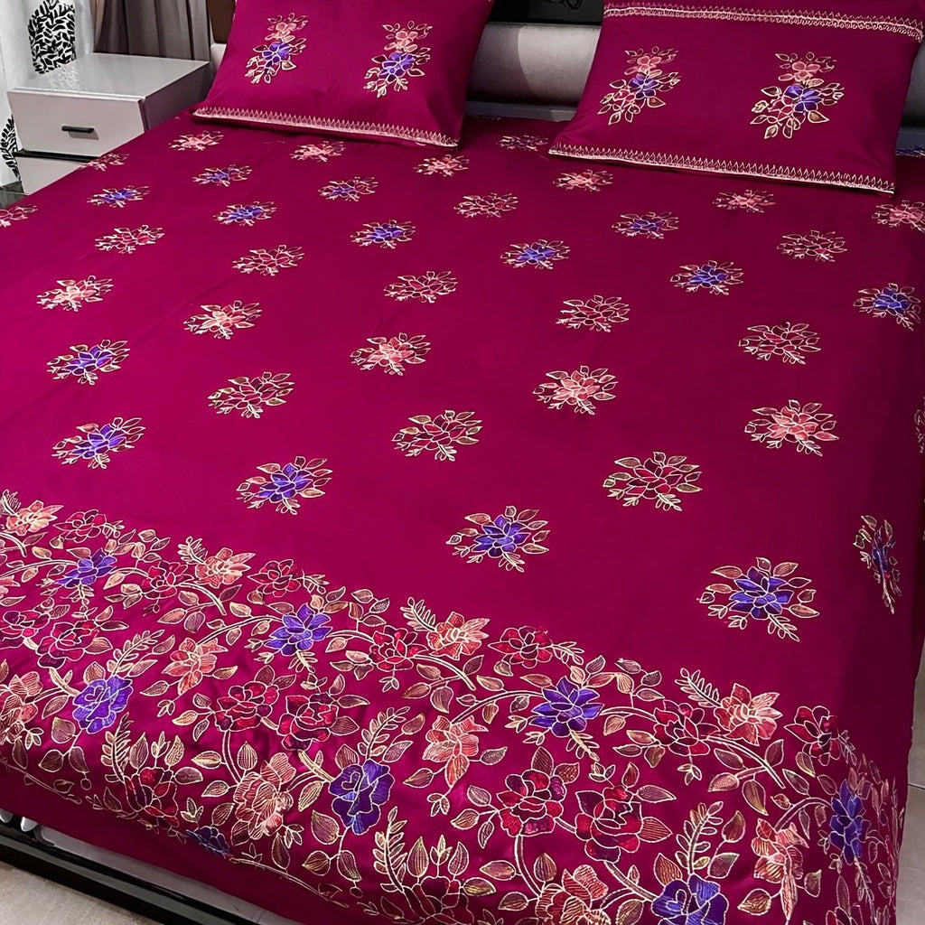 Premium Cotton King Size Multi Flower Jaal Embrodiery Double Bedsheet Set With 2 Stitched Pillow Covers