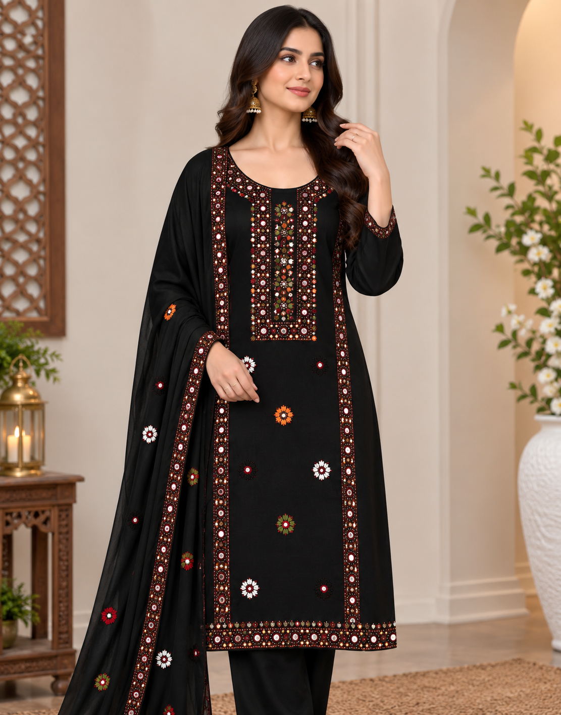 Balochi Multi Thick Thread & 9MM Sitara Heavy Embroidered Soft Cotton Shirt & Trouser with Chiffon Dupatta | 3PC Unstitched Dress 👗