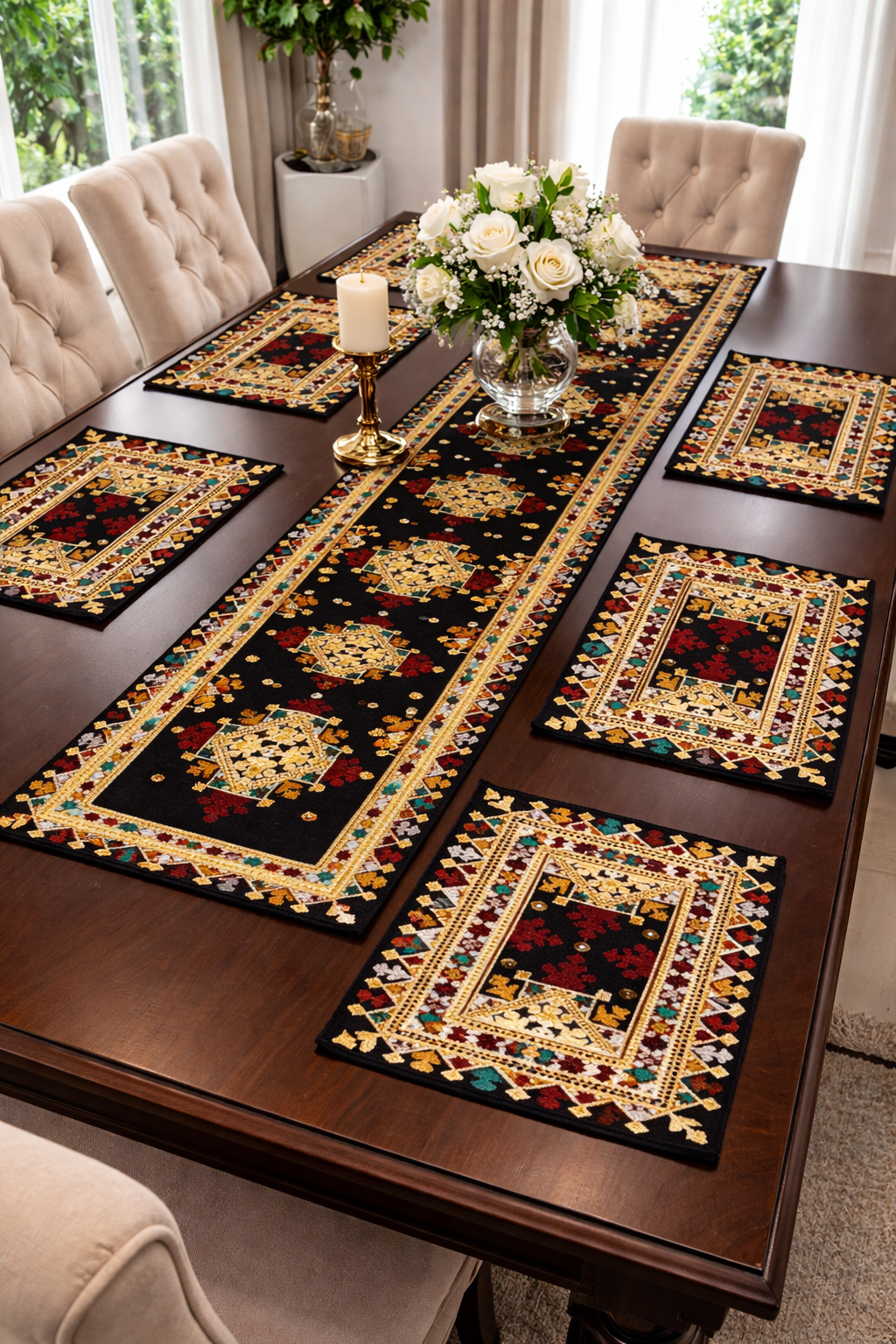 Dinning Table Embroidered Mats With Long Runner 7pc Set