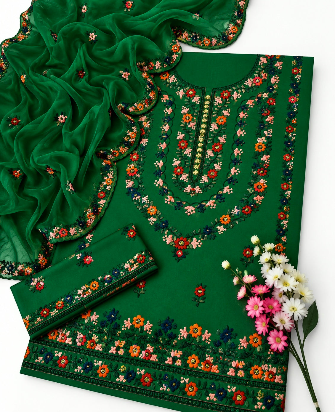 3MM Sequence Sitara Pakka Thread Multi Embroidered Soft Cotton Suit with Premium Chiffon Cutwork Dupatta – 3PC Unstitched Dress 👗