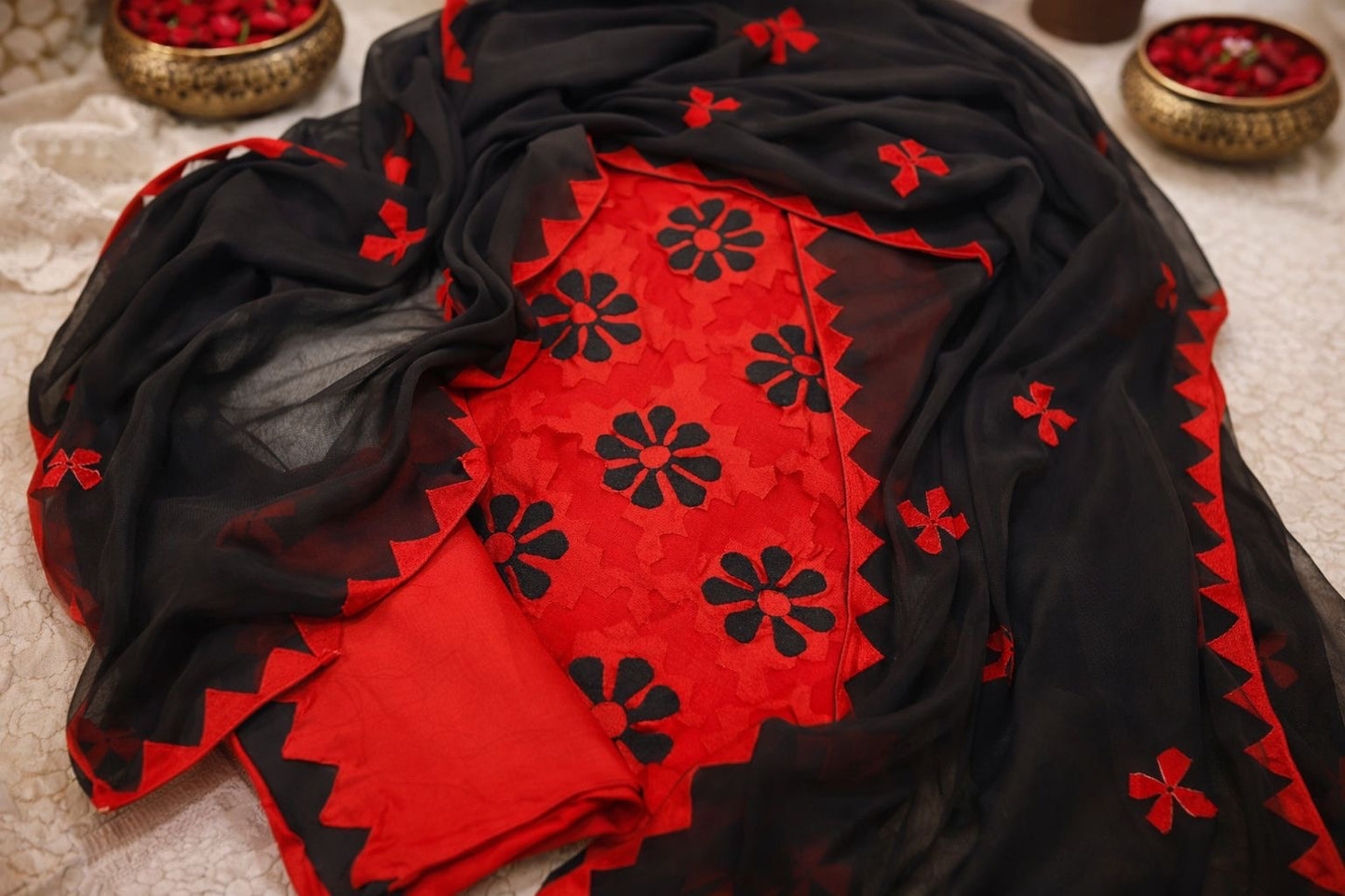 Handcrafted Soft Cotton Applique Work 3-Piece Unstitched Dress with Net Front Panel & Chiffon Dupatta