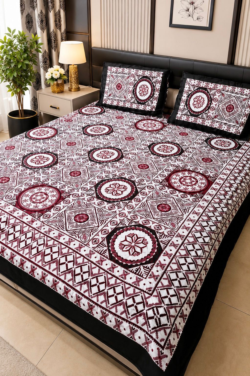 Ajrak Cotton King Size Block Print Bedsheet with 2 Unstitched Pillow Covers